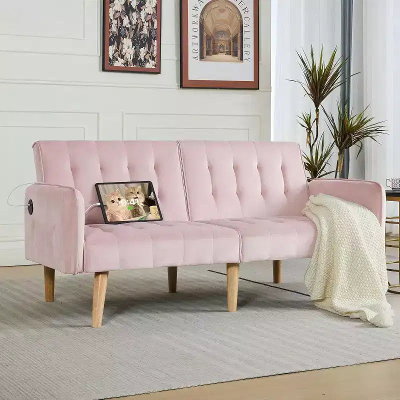 65 Convertible Loveseat Sofa Bed with USB Ports, 3-Position Adjustable Backrest, Modern Tufted Small Sofa