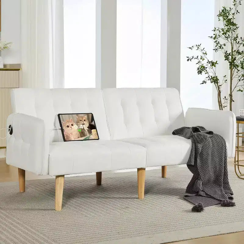 65 Convertible Loveseat Sofa Bed with USB Ports, 3-Position Adjustable Backrest, Modern Tufted Small Sofa