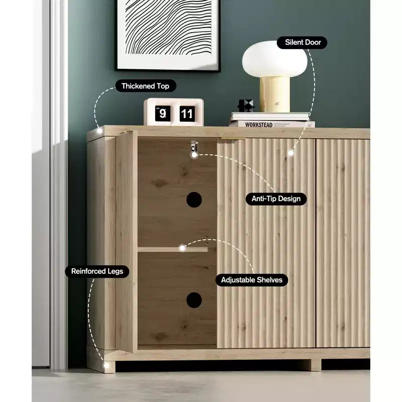 Moderno Aparador Acanalado con Almacenamiento, 4 Puertas de Cierre Suave, Estantes Ajustables, Tapa Gruesa, Gestión de Cables, Aparador de 39,6 cm de Profundidad para Cocina
