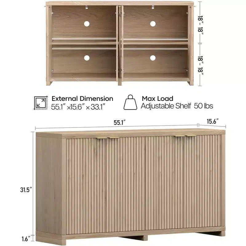 Moderno Aparador Acanalado con Almacenamiento, 4 Puertas de Cierre Suave, Estantes Ajustables, Tapa Gruesa, Gestión de Cables, Aparador de 39,6 cm de Profundidad para Cocina