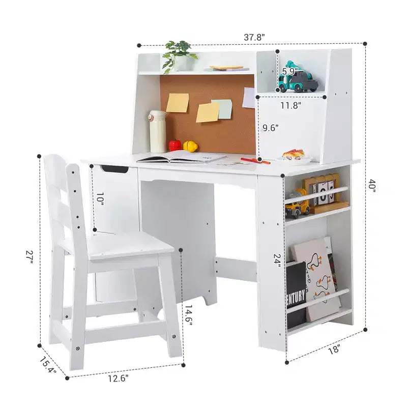 COZONY Juego de escritorio y silla para niños, mesa de estudio de madera con estante de almacenamiento y tablón de anuncios, escritorio de aprendizaje y escritura para niños
