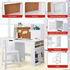COZONY Juego de escritorio y silla para niños, mesa de estudio de madera con estante de almacenamiento y tablón de anuncios, escritorio de aprendizaje y escritura para niños