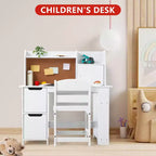 COZONY Juego de escritorio y silla para niños, mesa de estudio de madera con estante de almacenamiento y tablón de anuncios, escritorio de aprendizaje y escritura para niños