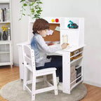 COZONY Juego de escritorio y silla para niños, mesa de estudio de madera con estante de almacenamiento y tablón de anuncios, escritorio de aprendizaje y escritura para niños