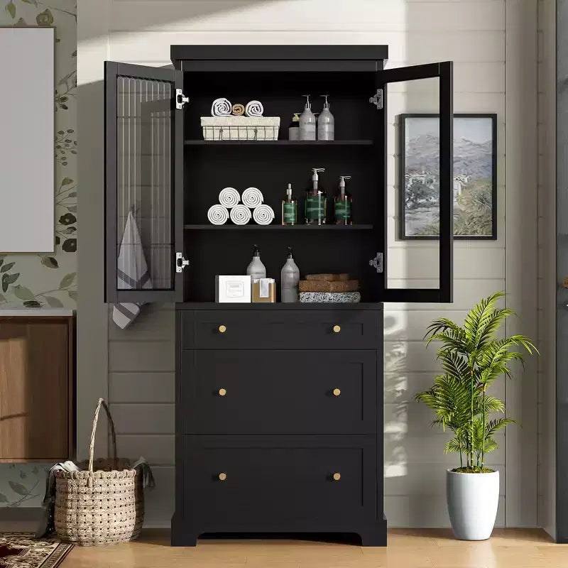 Mueble de almacenamiento de baño Whisen 70.1 con puertas de cristal de cierre suave, estantes ajustables y 3 cajones