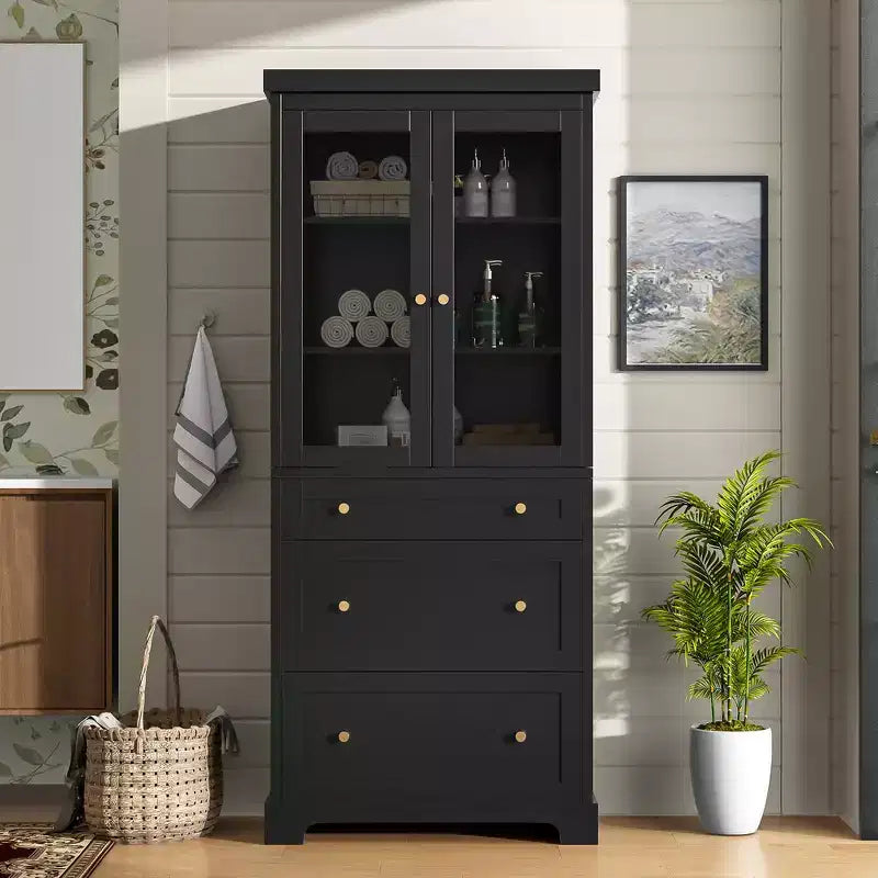 Mueble de almacenamiento de baño Whisen 70.1 con puertas de cristal de cierre suave, estantes ajustables y 3 cajones