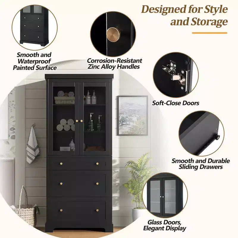 Mueble de almacenamiento de baño Whisen 70.1 con puertas de cristal de cierre suave, estantes ajustables y 3 cajones