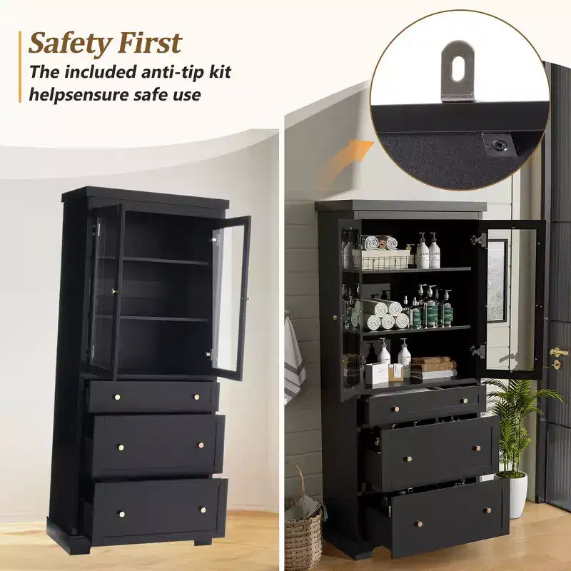 Mueble de almacenamiento de baño Whisen 70.1 con puertas de cristal de cierre suave, estantes ajustables y 3 cajones