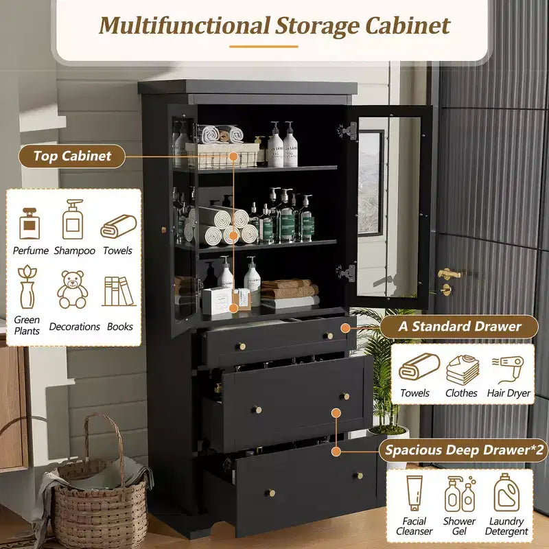 Mueble de almacenamiento de baño Whisen 70.1 con puertas de cristal de cierre suave, estantes ajustables y 3 cajones
