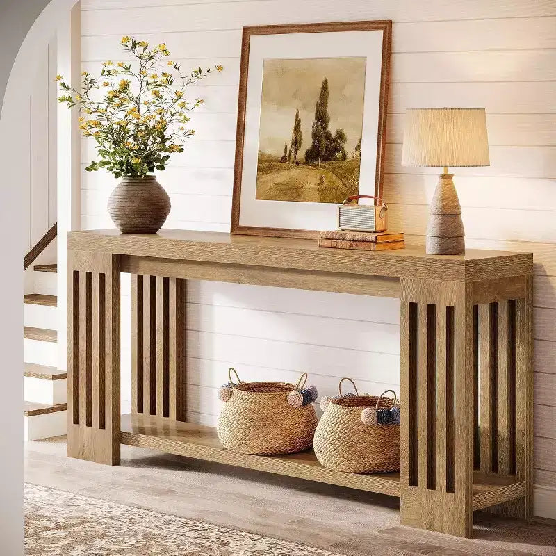 Lantine 70.9 Long Entryway Table, 2-Tier Farmhouse Sofa Console Table with Vertical Stripe Legs for Living Room, Hallway, Entrance