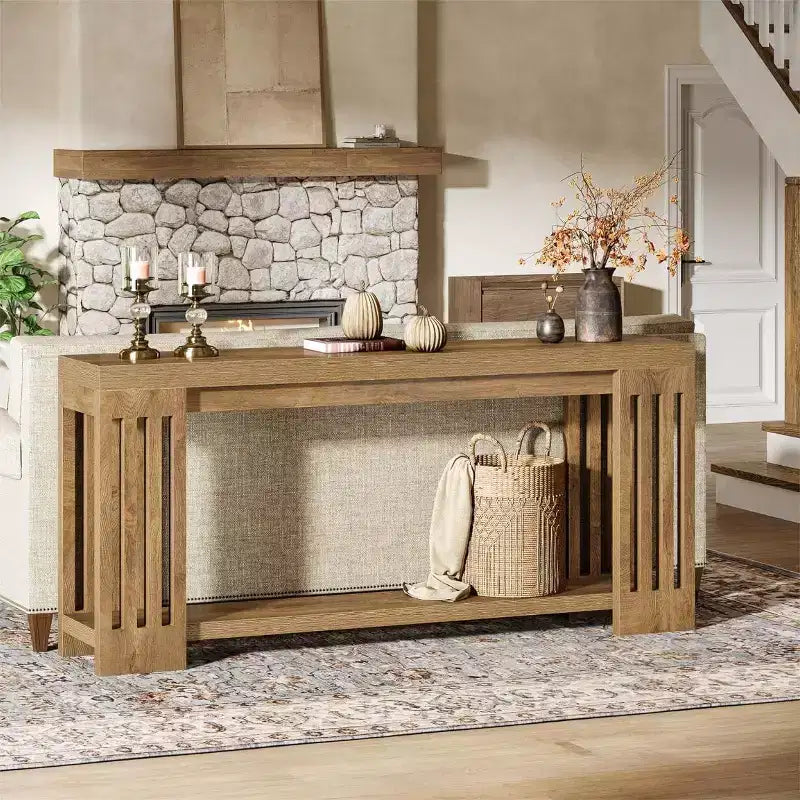Lantine 70.9 Long Entryway Table, 2-Tier Farmhouse Sofa Console Table with Vertical Stripe Legs for Living Room, Hallway, Entrance
