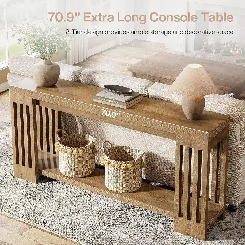 Lantine 70.9 Long Entryway Table, 2-Tier Farmhouse Sofa Console Table with Vertical Stripe Legs for Living Room, Hallway, Entrance