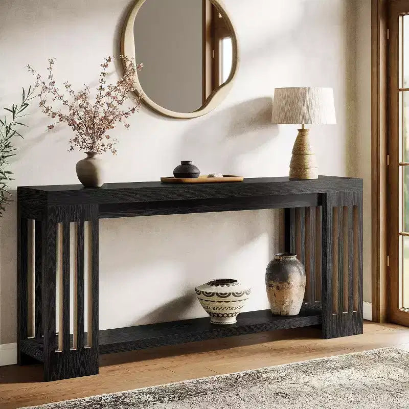 Lantine 70.9 Long Entryway Table, 2-Tier Farmhouse Sofa Console Table with Vertical Stripe Legs for Living Room, Hallway, Entrance