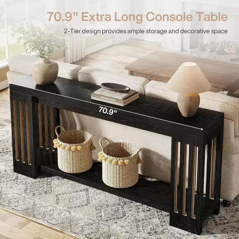 Lantine 70.9 Long Entryway Table, 2-Tier Farmhouse Sofa Console Table with Vertical Stripe Legs for Living Room, Hallway, Entrance