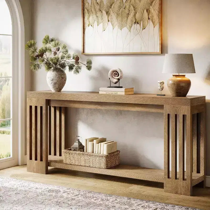 Lantine 70.9 Long Entryway Table, 2-Tier Farmhouse Sofa Console Table with Vertical Stripe Legs for Living Room, Hallway, Entrance