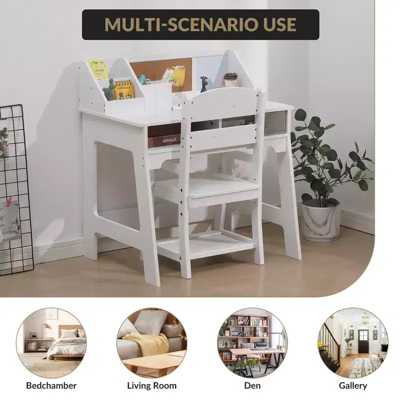 COZONY Juego de Mesa de Estudio para Niños con Silla Ajustable, Escritorio de Estudio con Estante Superior, Tablero de Anuncios, 2 Cajones, 2 Portalápices