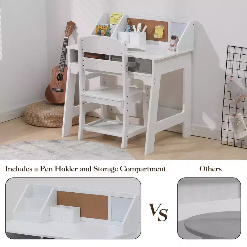 COZONY Juego de Mesa de Estudio para Niños con Silla Ajustable, Escritorio de Estudio con Estante Superior, Tablero de Anuncios, 2 Cajones, 2 Portalápices