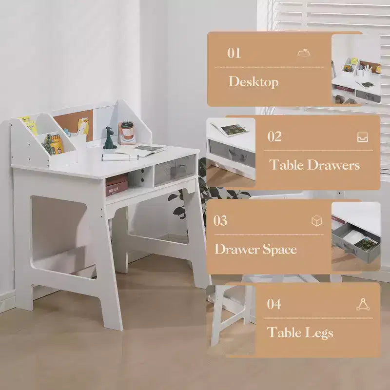 COZONY Juego de Mesa de Estudio para Niños con Silla Ajustable, Escritorio de Estudio con Estante Superior, Tablero de Anuncios, 2 Cajones, 2 Portalápices