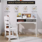 COZONY Juego de Mesa de Estudio para Niños con Silla Ajustable, Escritorio de Estudio con Estante Superior, Tablero de Anuncios, 2 Cajones, 2 Portalápices