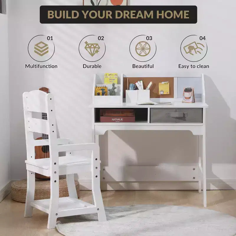 COZONY Juego de Mesa de Estudio para Niños con Silla Ajustable, Escritorio de Estudio con Estante Superior, Tablero de Anuncios, 2 Cajones, 2 Portalápices