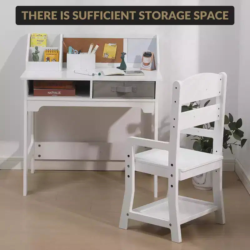 COZONY Juego de Mesa de Estudio para Niños con Silla Ajustable, Escritorio de Estudio con Estante Superior, Tablero de Anuncios, 2 Cajones, 2 Portalápices