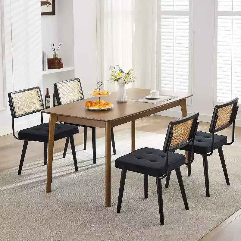Juego de 2 sillas de comedor de ratán natural, sillas de cocina de estilo bohemio moderno con respaldo y patas de madera maciza y asiento tapizado para comedor