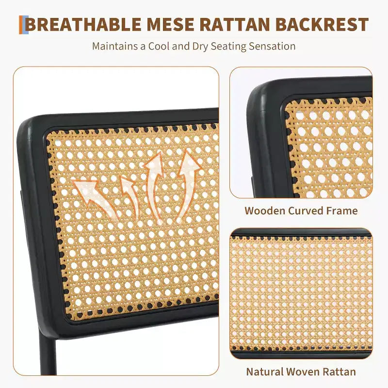 Juego de 2 sillas de comedor de ratán natural, sillas de cocina de estilo bohemio moderno con respaldo y patas de madera maciza y asiento tapizado para comedor