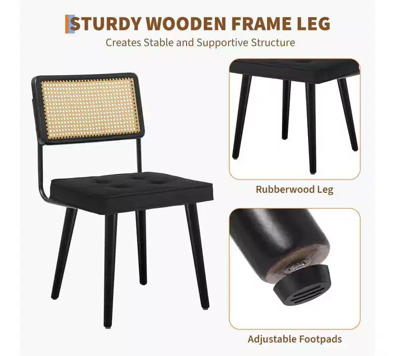 Juego de 2 sillas de comedor de ratán natural, sillas de cocina de estilo bohemio moderno con respaldo y patas de madera maciza y asiento tapizado para comedor