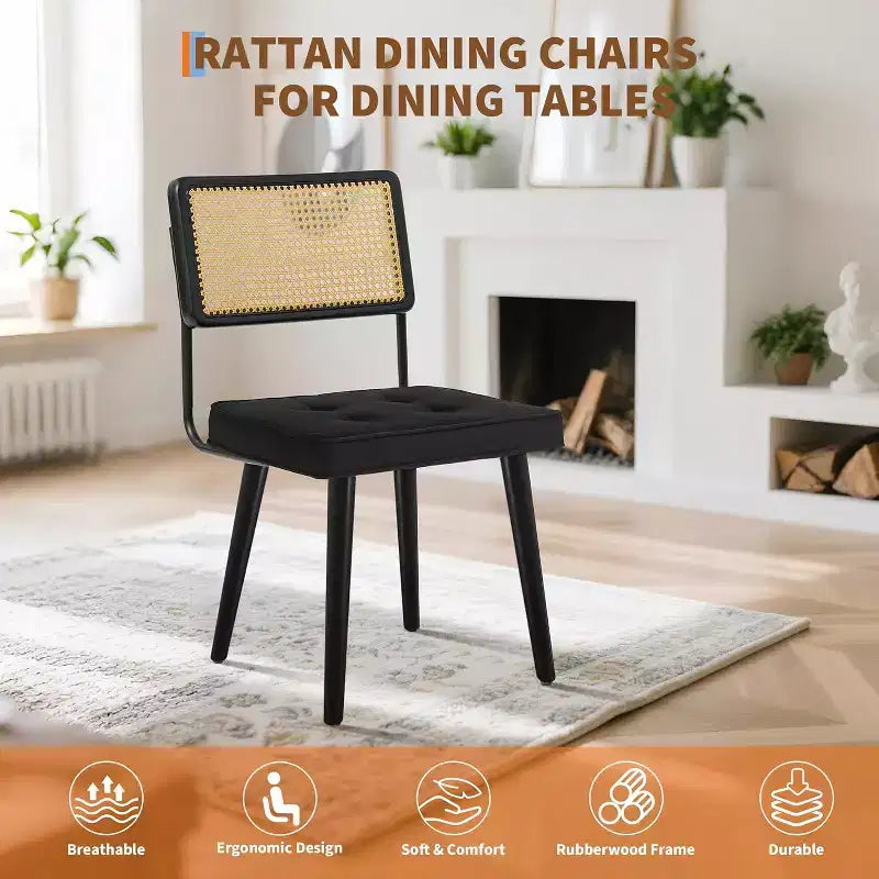 Juego de 2 sillas de comedor de ratán natural, sillas de cocina de estilo bohemio moderno con respaldo y patas de madera maciza y asiento tapizado para comedor