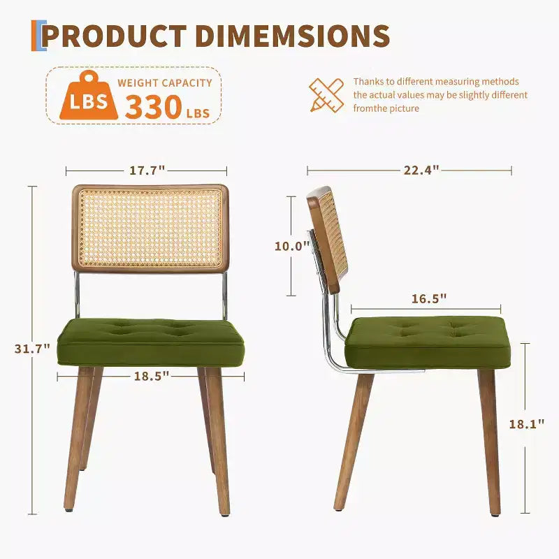 Juego de 2 sillas de comedor de ratán natural, sillas de cocina de estilo bohemio moderno con respaldo y patas de madera maciza y asiento tapizado para comedor