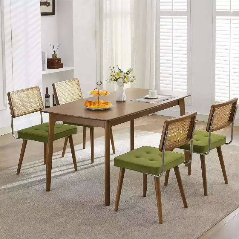 Juego de 2 sillas de comedor de ratán natural, sillas de cocina de estilo bohemio moderno con respaldo y patas de madera maciza y asiento tapizado para comedor