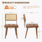 Juego de 2 sillas de comedor de ratán natural, sillas de cocina de estilo bohemio moderno con respaldo y patas de madera maciza y asiento tapizado para comedor