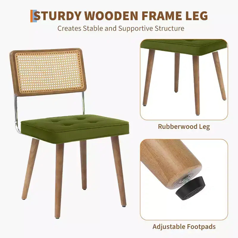 Juego de 2 sillas de comedor de ratán natural, sillas de cocina de estilo bohemio moderno con respaldo y patas de madera maciza y asiento tapizado para comedor