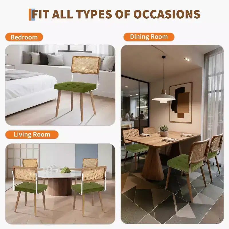Juego de 2 sillas de comedor de ratán natural, sillas de cocina de estilo bohemio moderno con respaldo y patas de madera maciza y asiento tapizado para comedor