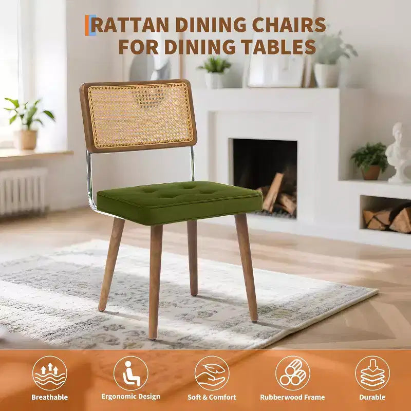 Juego de 2 sillas de comedor de ratán natural, sillas de cocina de estilo bohemio moderno con respaldo y patas de madera maciza y asiento tapizado para comedor