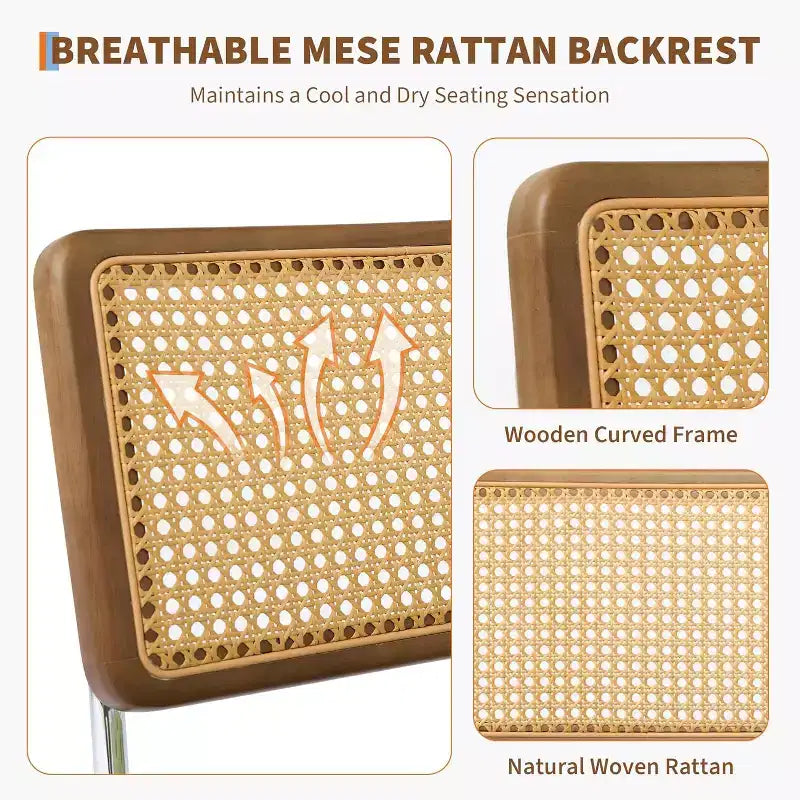 Juego de 2 sillas de comedor de ratán natural, sillas de cocina de estilo bohemio moderno con respaldo y patas de madera maciza y asiento tapizado para comedor