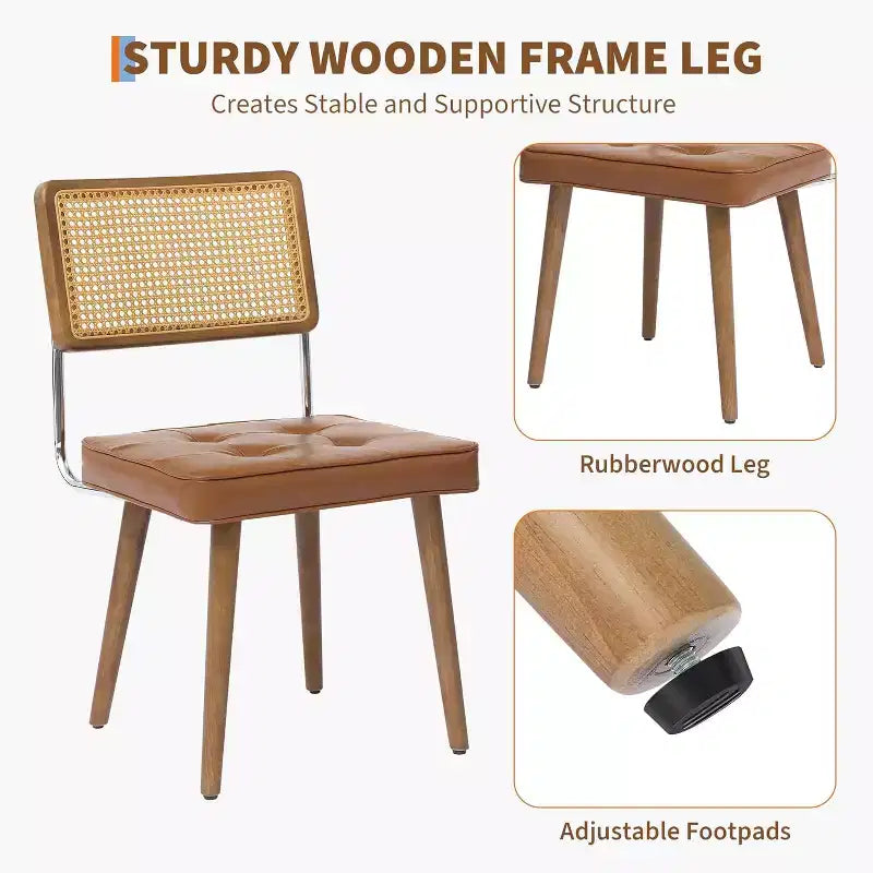Juego de 2 sillas de comedor de ratán natural, sillas de cocina de estilo bohemio moderno con respaldo y patas de madera maciza y asiento tapizado para comedor
