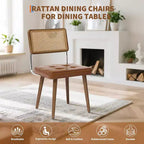 Juego de 2 sillas de comedor de ratán natural, sillas de cocina de estilo bohemio moderno con respaldo y patas de madera maciza y asiento tapizado para comedor