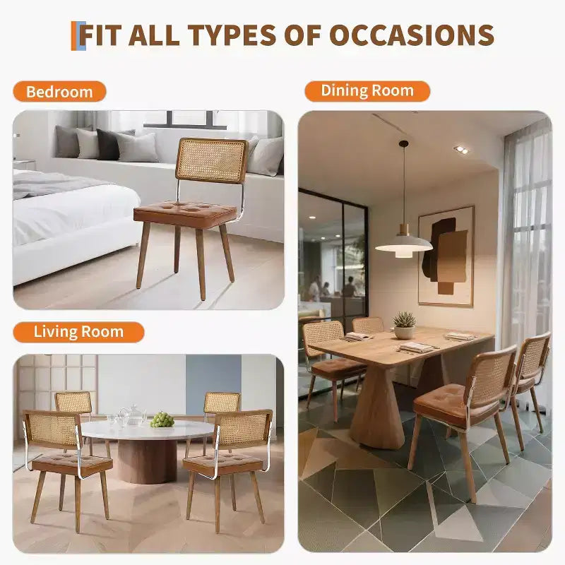 Juego de 2 sillas de comedor de ratán natural, sillas de cocina de estilo bohemio moderno con respaldo y patas de madera maciza y asiento tapizado para comedor