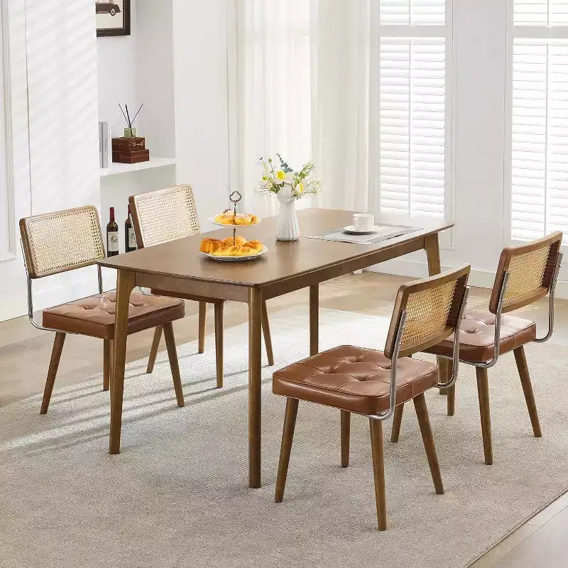 Juego de 2 sillas de comedor de ratán natural, sillas de cocina de estilo bohemio moderno con respaldo y patas de madera maciza y asiento tapizado para comedor