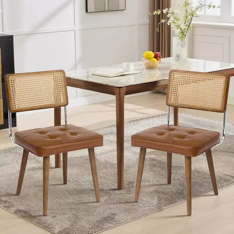 Natural Rattan Dining Chair Set of 2, Modern Bohemian Style Kitchen Chairs with Full Wood Back and Legs and Upholstered Seat for Dining Room