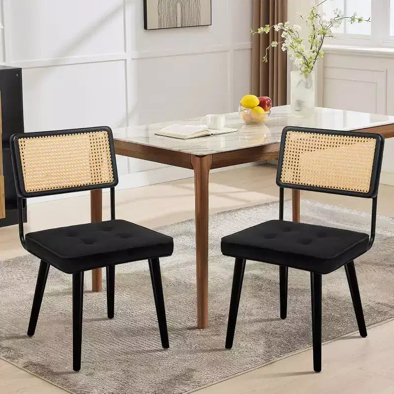 Juego de 2 sillas de comedor de ratán natural, sillas de cocina de estilo bohemio moderno con respaldo y patas de madera maciza y asiento tapizado para comedor