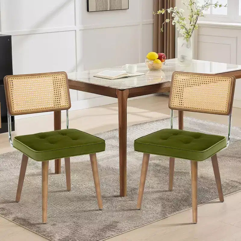 Juego de 2 sillas de comedor de ratán natural, sillas de cocina de estilo bohemio moderno con respaldo y patas de madera maciza y asiento tapizado para comedor