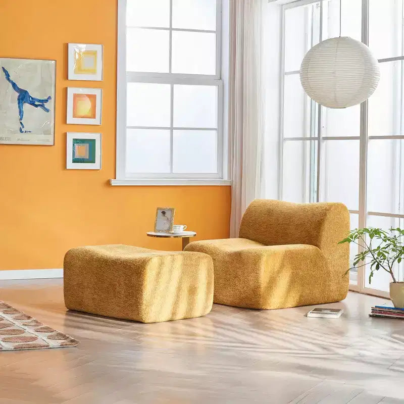 Sofá y sillón Okak modernos de espuma de compresión con reposapiés, cómodo conjunto de futón y sillón decorativo para dormitorio, sala de estar u oficina