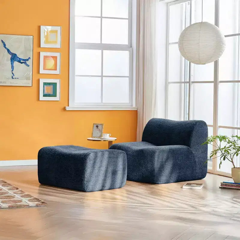 Sofá y sillón Okak modernos de espuma de compresión con reposapiés, cómodo conjunto de futón y sillón decorativo para dormitorio, sala de estar u oficina