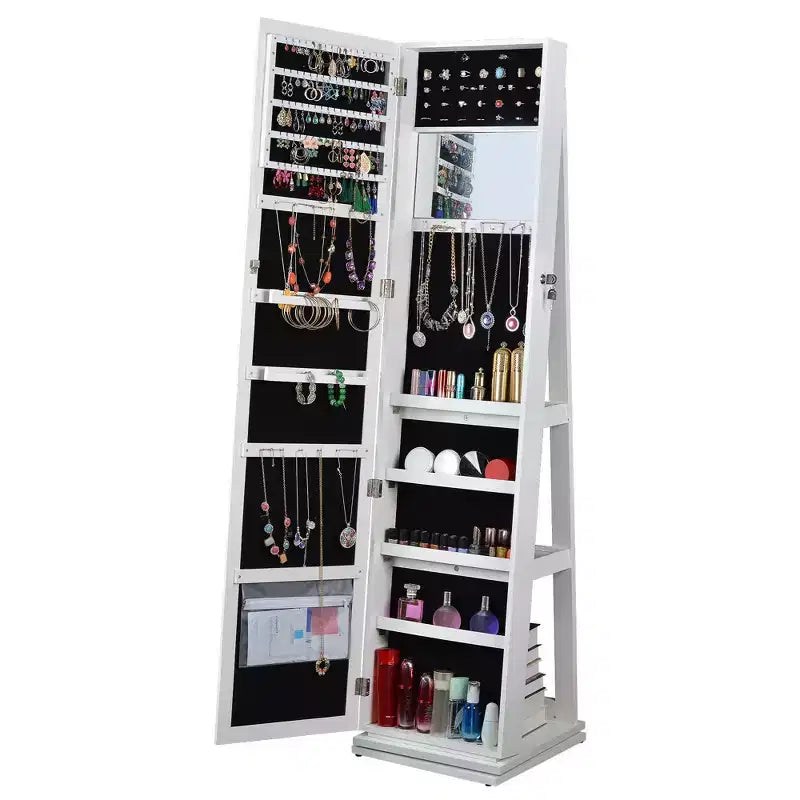 Okak 360 Swivel Full Length Mirror with Jewelry Storage, Standing Mirror with Lockable Door and Velvet Interior, Floor Mirror for Home, Shop