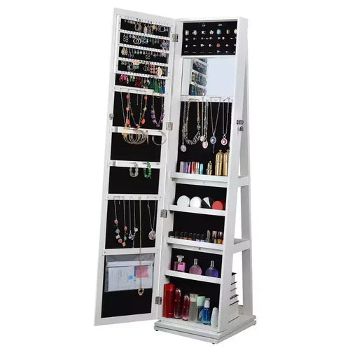Okak 360 Swivel Full Length Mirror with Jewelry Storage, Standing Mirror with Lockable Door and Velvet Interior, Floor Mirror for Home, Shop