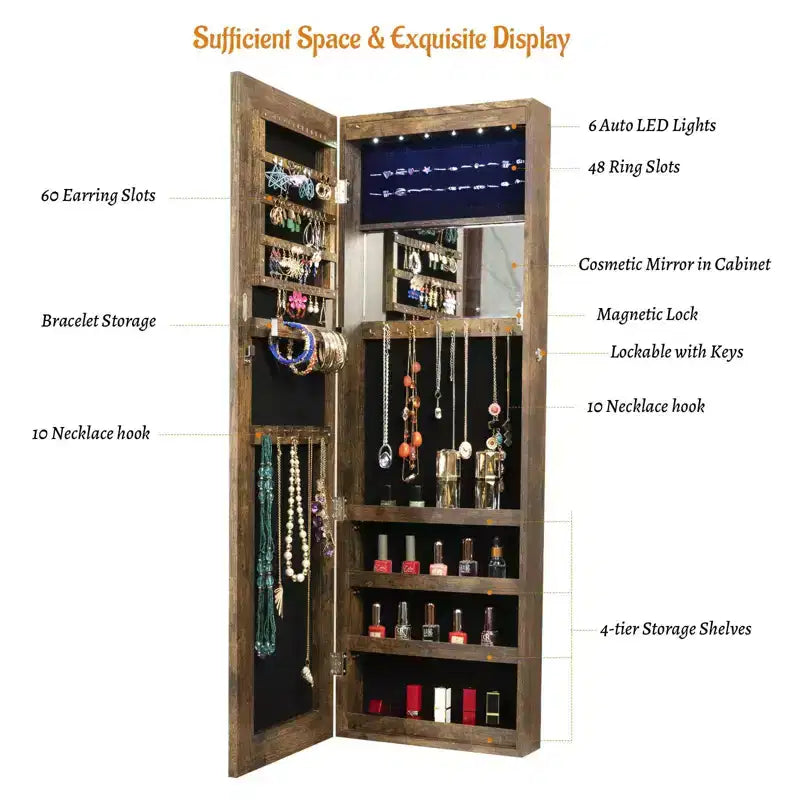 Okak Moedern Espejo de cuerpo entero con almacenamiento de joyas, espejo de pared con cerradura de seguridad, espejo de puerta para sala de estar, cuarto de ropa