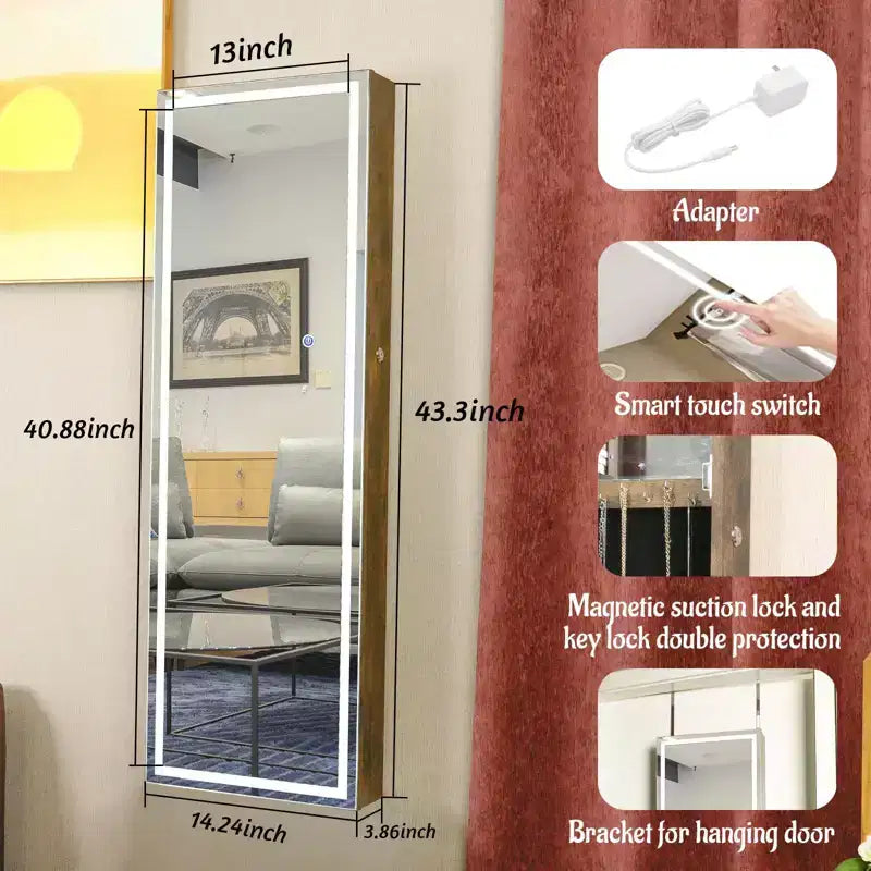 Okak Moedern Espejo de cuerpo entero con almacenamiento de joyas, espejo de pared con cerradura de seguridad, espejo de puerta para sala de estar, cuarto de ropa