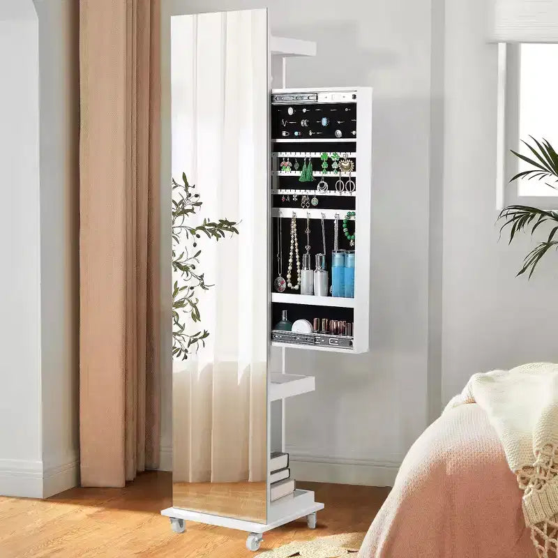 Okak 360 Swivel Full Length Mirror with Jewelry Cabinet, Standing Mirror with Wheels, Floor Mirror for Living Room, Dressing Room, White